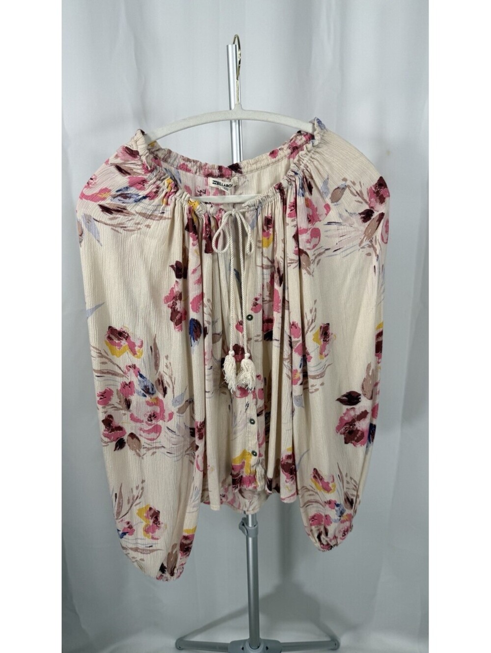 Billabong Cream Floral Peasant Blouse M Off Shoulder Boho Balloon Sleeve Gauze